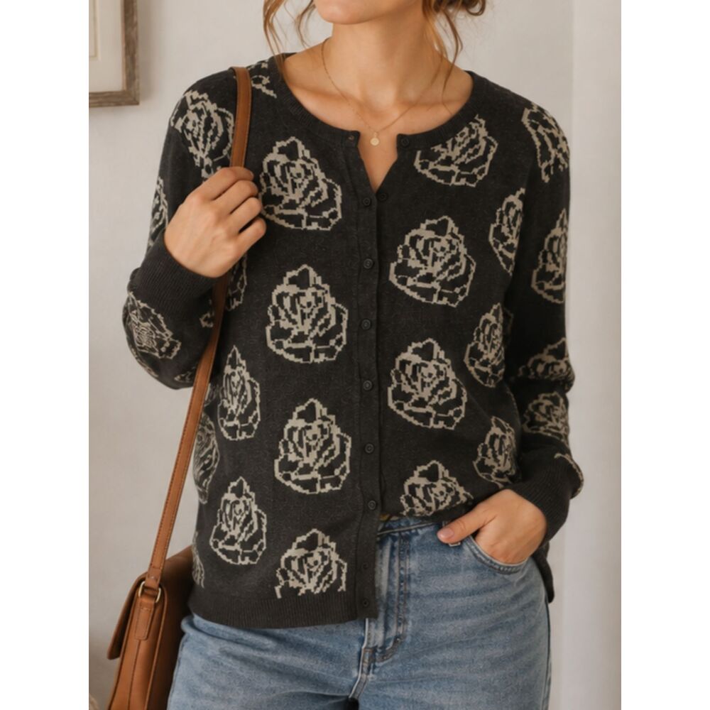 LOFT Women’s Large Rose Floral Cardigan Gray 100% Cotton Grannycore Cottagecore